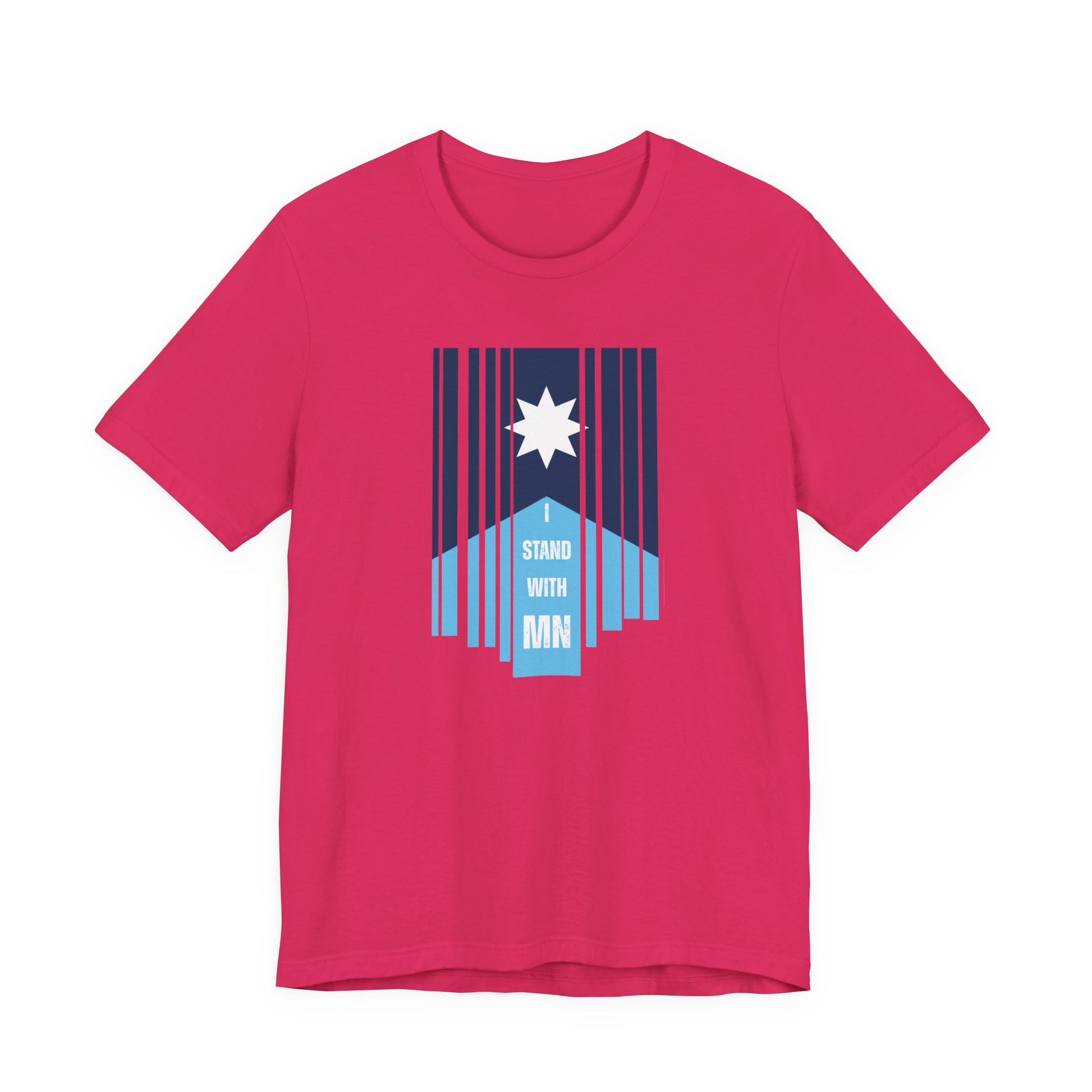Pink t-shirt with a stylized Minnesota flag and text "I Stand with MN" by empowHER by Heidi