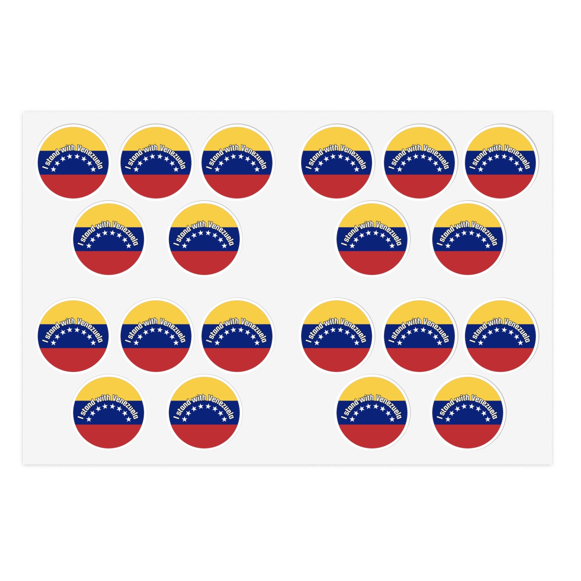 Sticker sheet with multiple round stickers featuring the flag of Venezuela  and text "I Stand with Venezuela" by empowHER by Heidi
