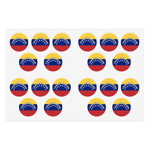 Sticker sheet with multiple round stickers featuring the flag of Venezuela  and text "I Stand with Venezuela" by empowHER by Heidi