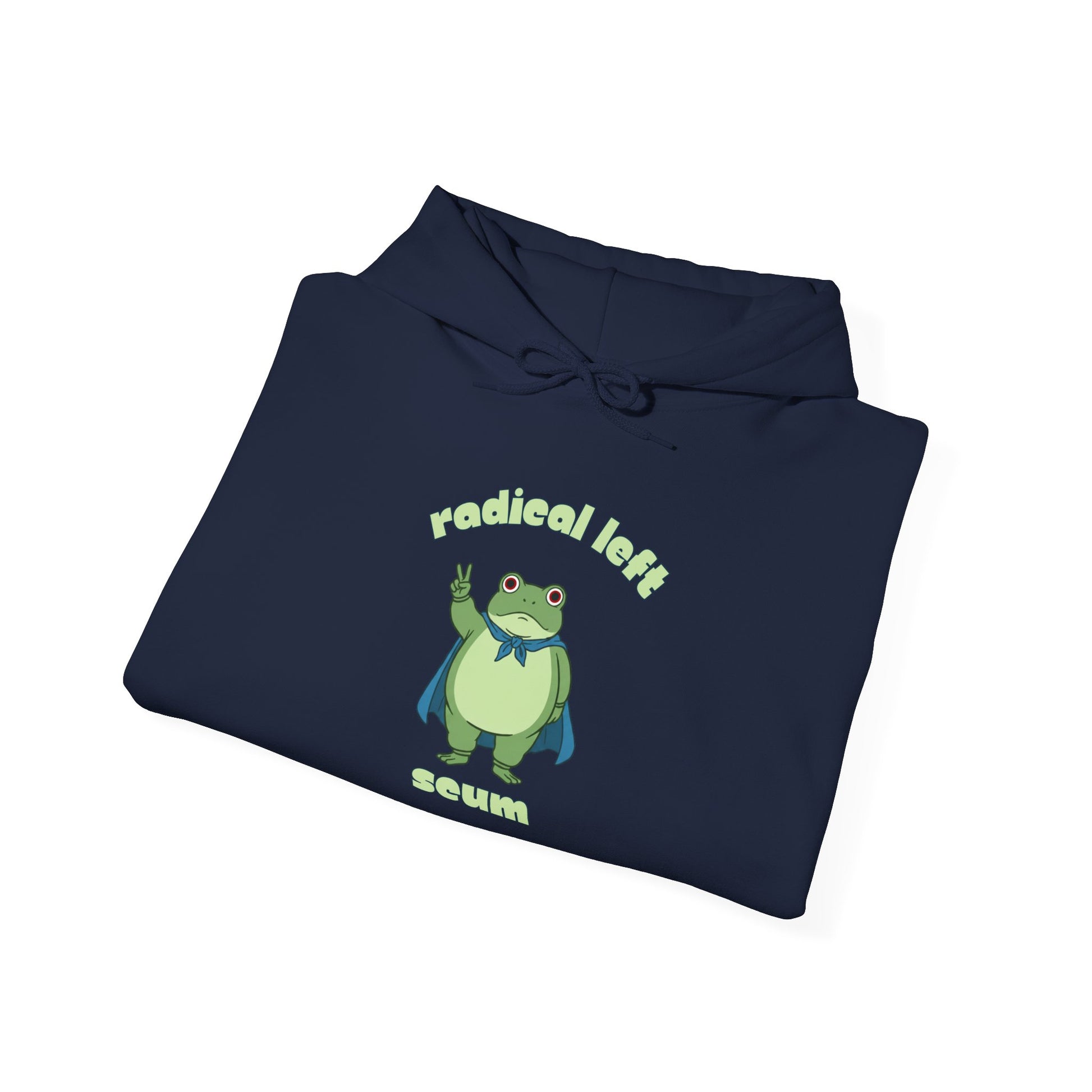 Folded navy hoodie with a graphic of the Portland protest frog and text "radical left scum" by empowHER by Heidi