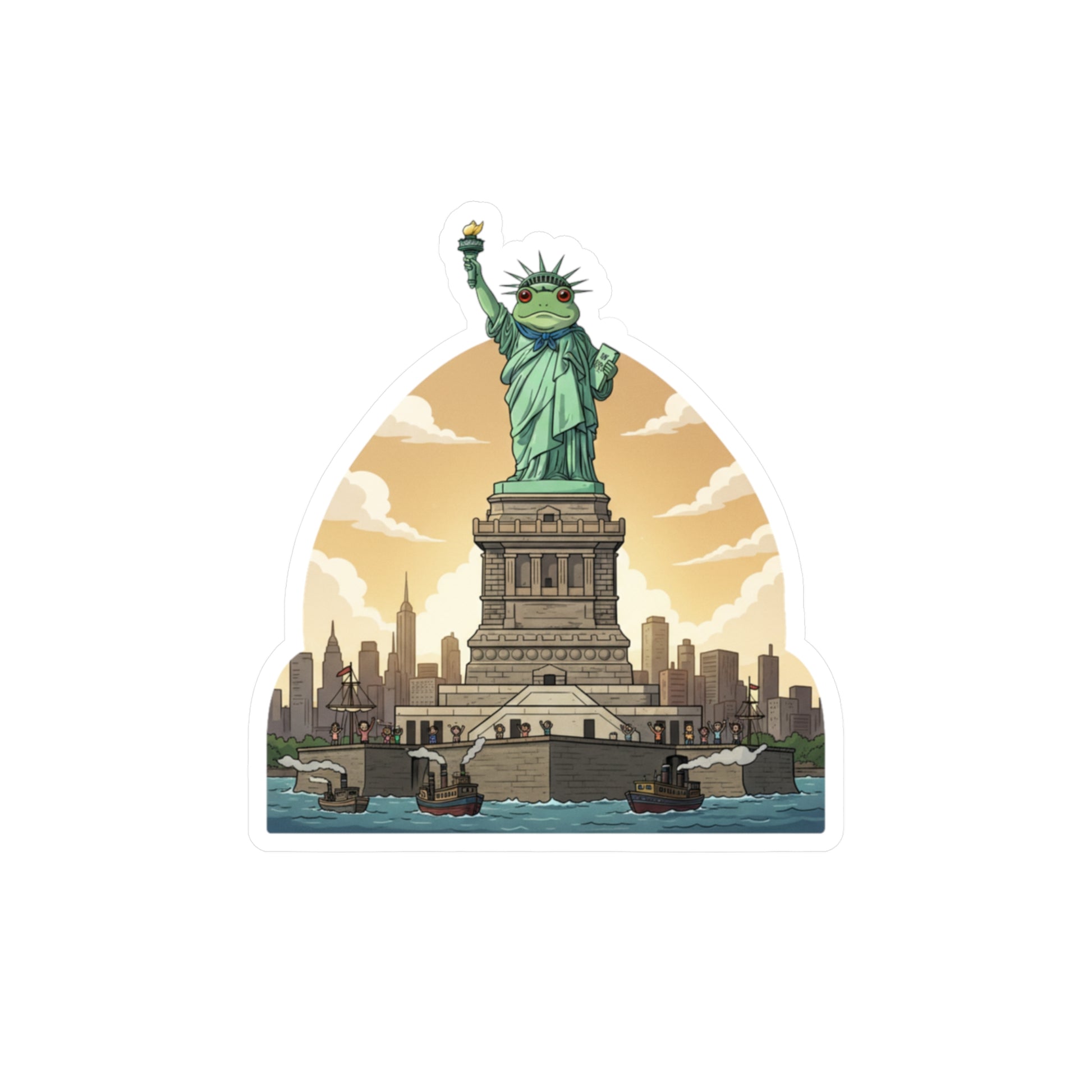 Illustration of Portland protest frog as the Statue of Liberty with a city skyline in the background
