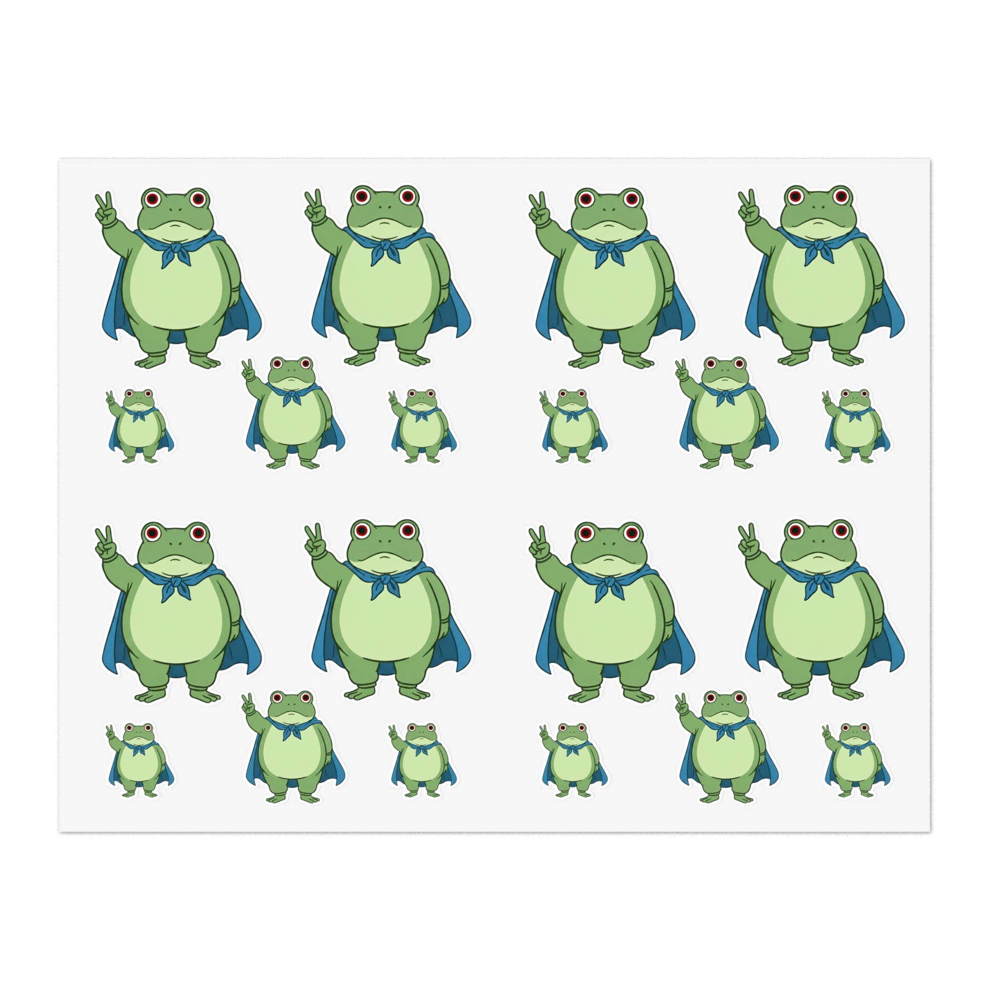 Sticker sheet with 20 various sized cartoon versions of the Portland protest frog giving the peace sign with his hand