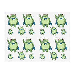 Sticker sheet with 20 various sized cartoon versions of the Portland protest frog giving the peace sign with his hand
