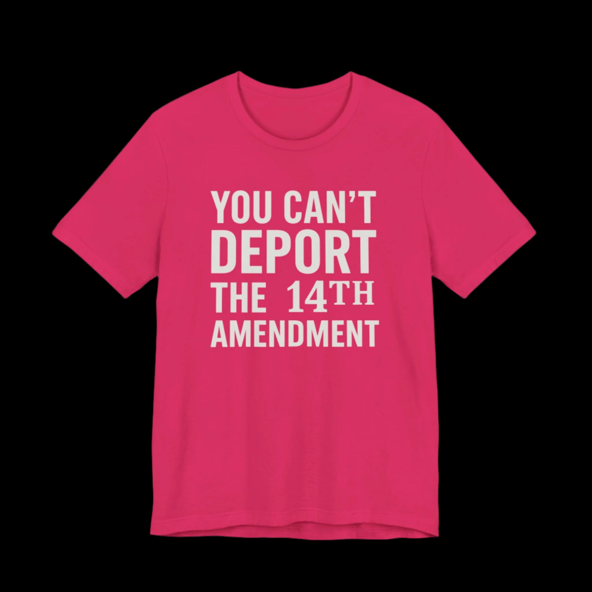 Pink t-shirt with white text 'YOU CAN'T DEPORT THE 14TH AMENDMENT' on a plain background