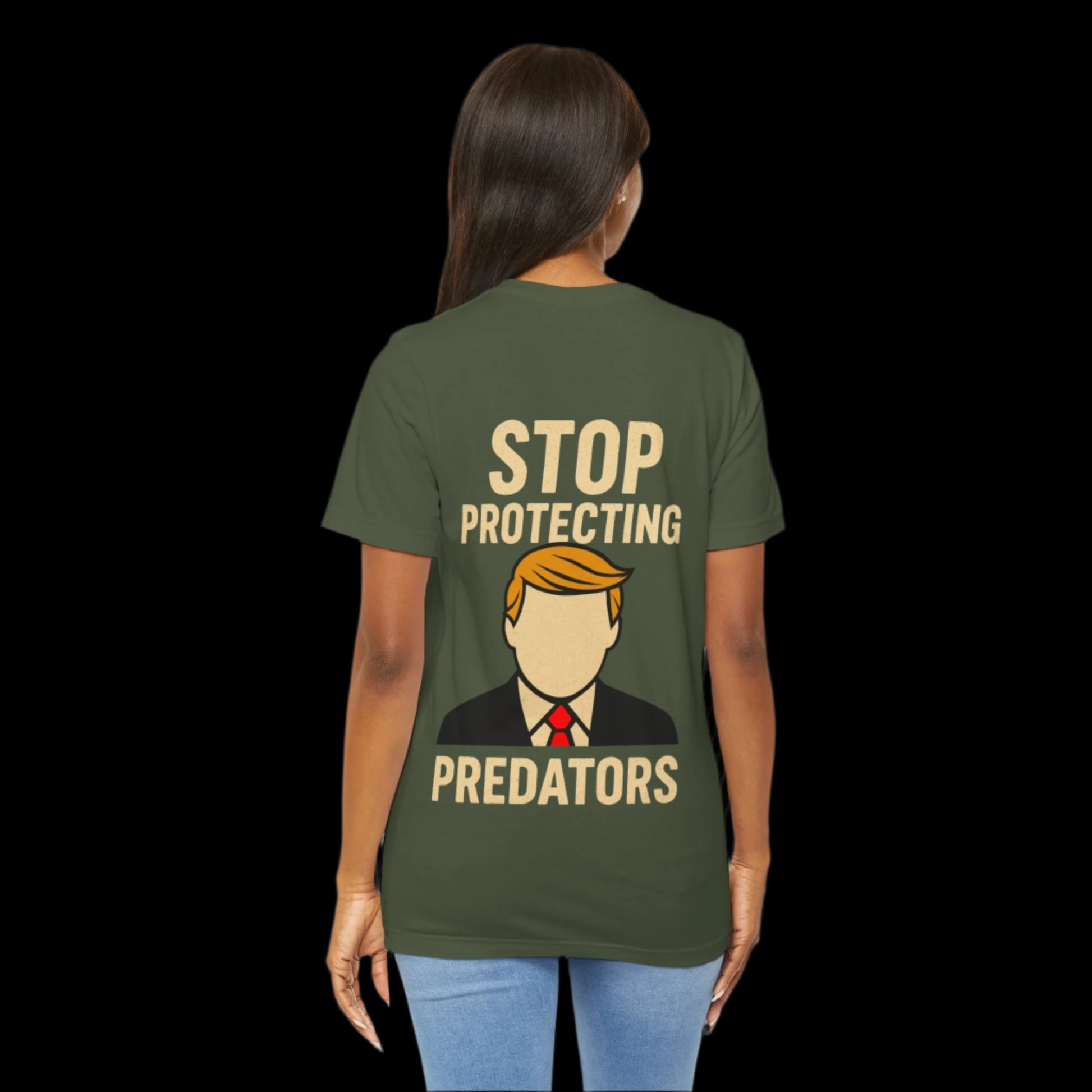 Person wearing a green t-shirt with a trump graphic and text on the back that says "Stop Protecting Predators"