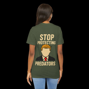 Person wearing a green t-shirt with a trump graphic and text on the back that says "Stop Protecting Predators"