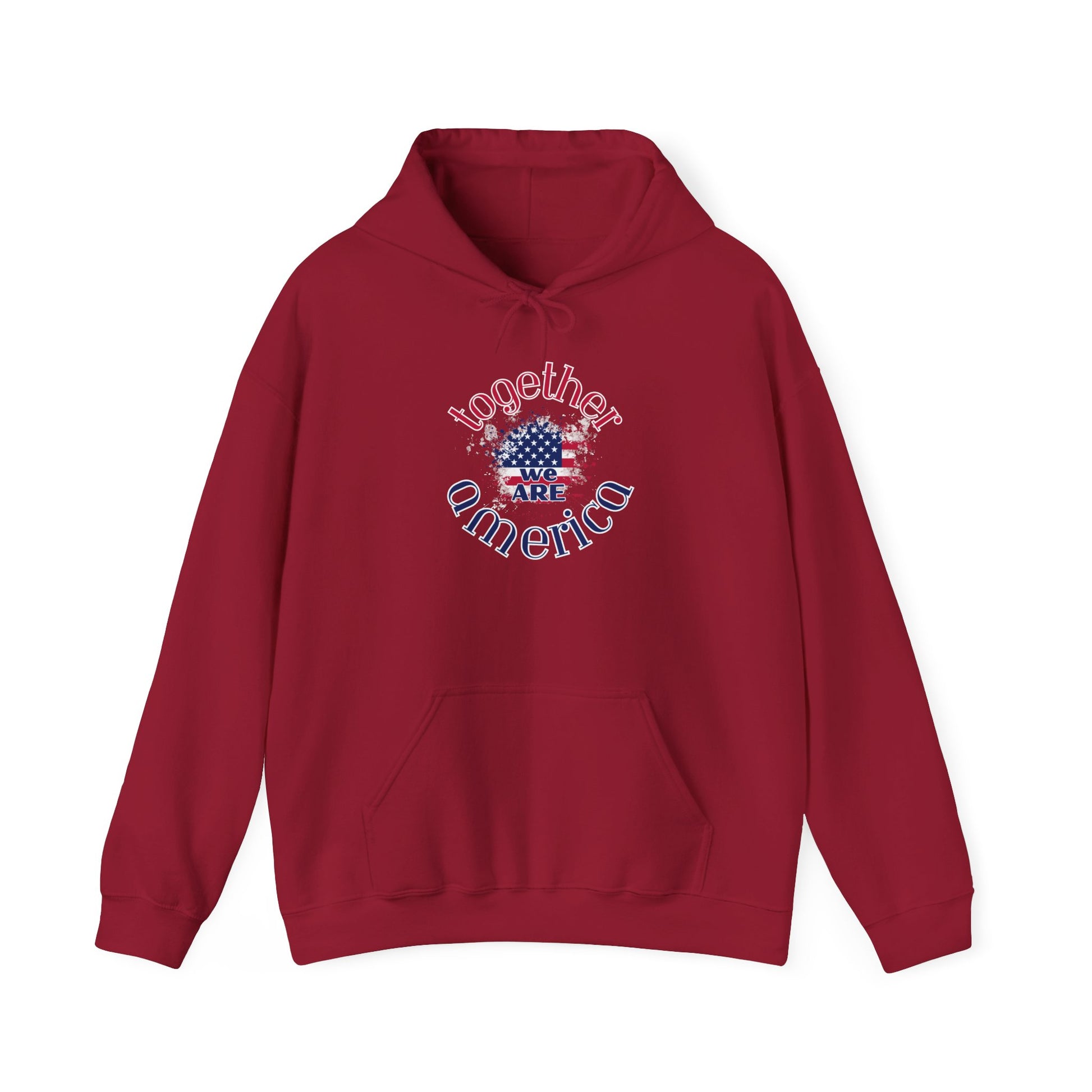 Red hoodie with 'Together We Are America' text and flag design by empowHER by Heidi