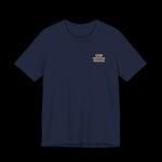 Navy blue t-shirt with small text on left chest that says "Stop Protecting Predators"