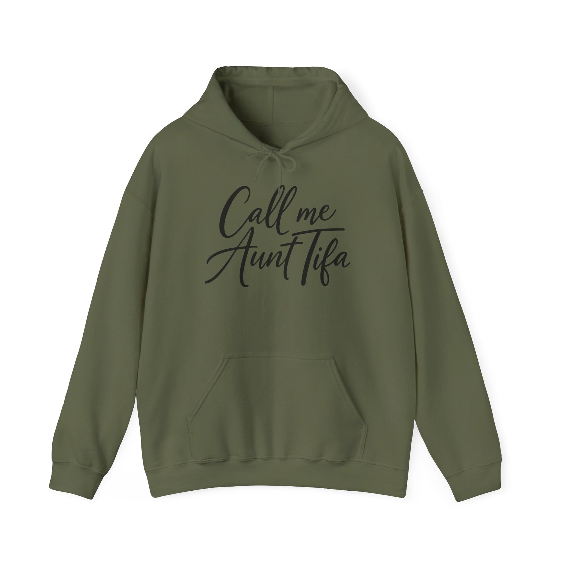 Green hoodie with 'Call me Aunt Tifa' text – empowHER by Heidi political protest apparel