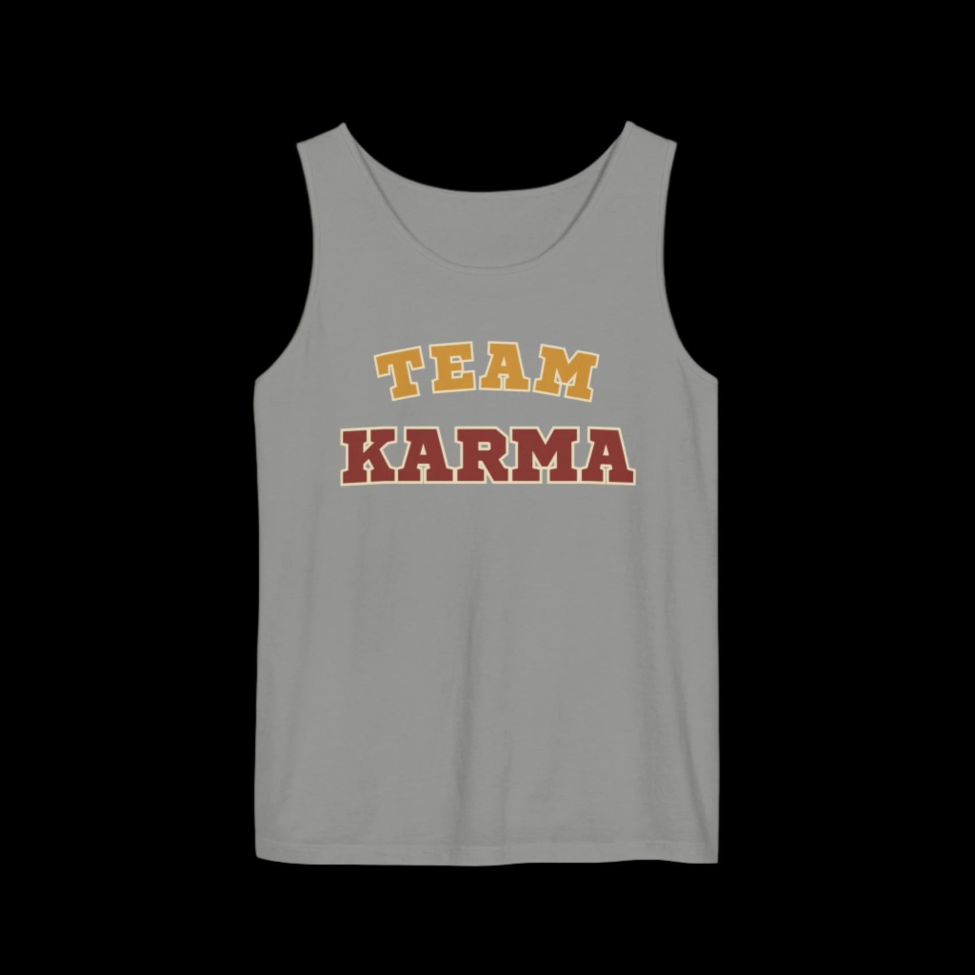 Gray tank top with 'Team Karma' text on a black background
