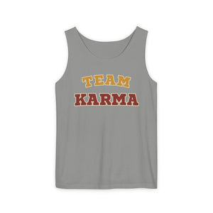Gray tank top with 'Team Karma' text on a black background