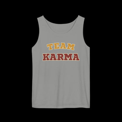 Gray tank top with 'Team Karma' text on a black background