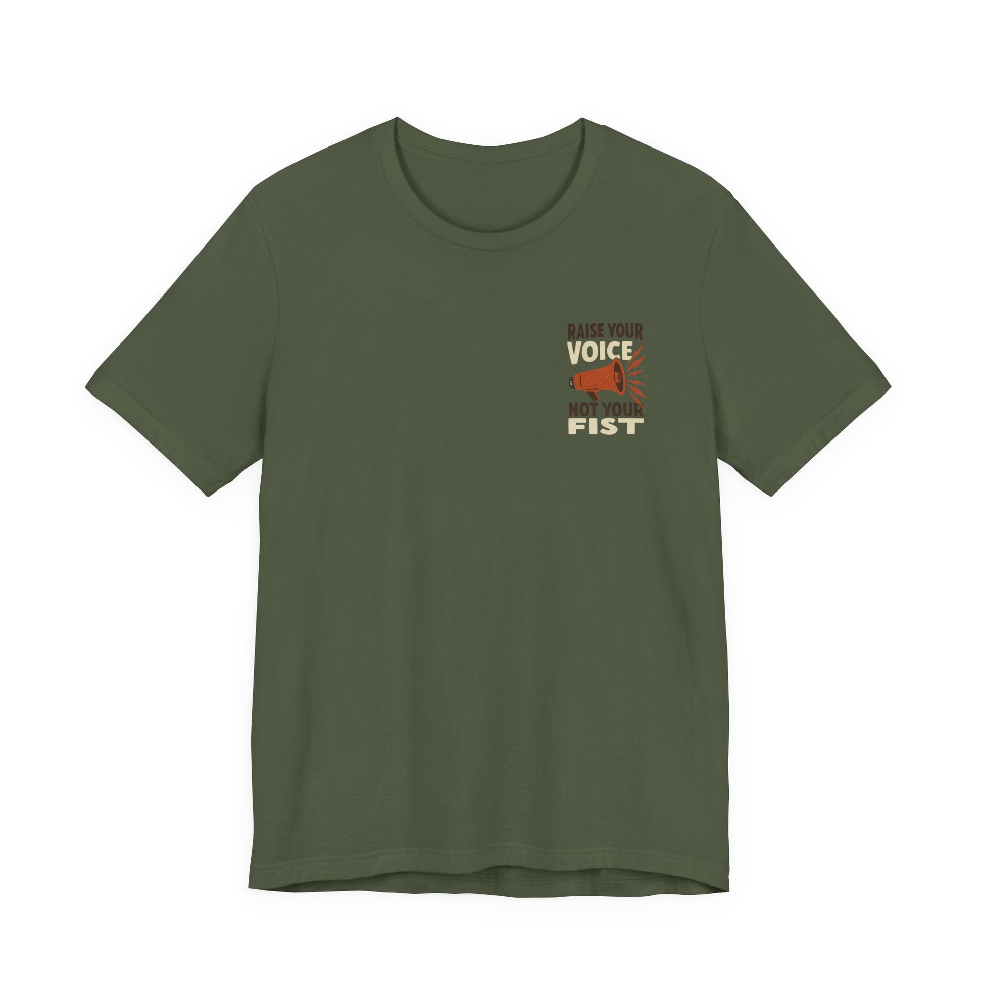 Green t-shirt with a graphic and text "raise your voice, not your fist" – empowHER by Heidi political protest apparel