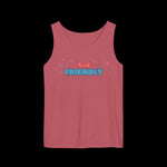 Loose fitting dark pink tank top with the words "not friendly" along with decorative sparkles