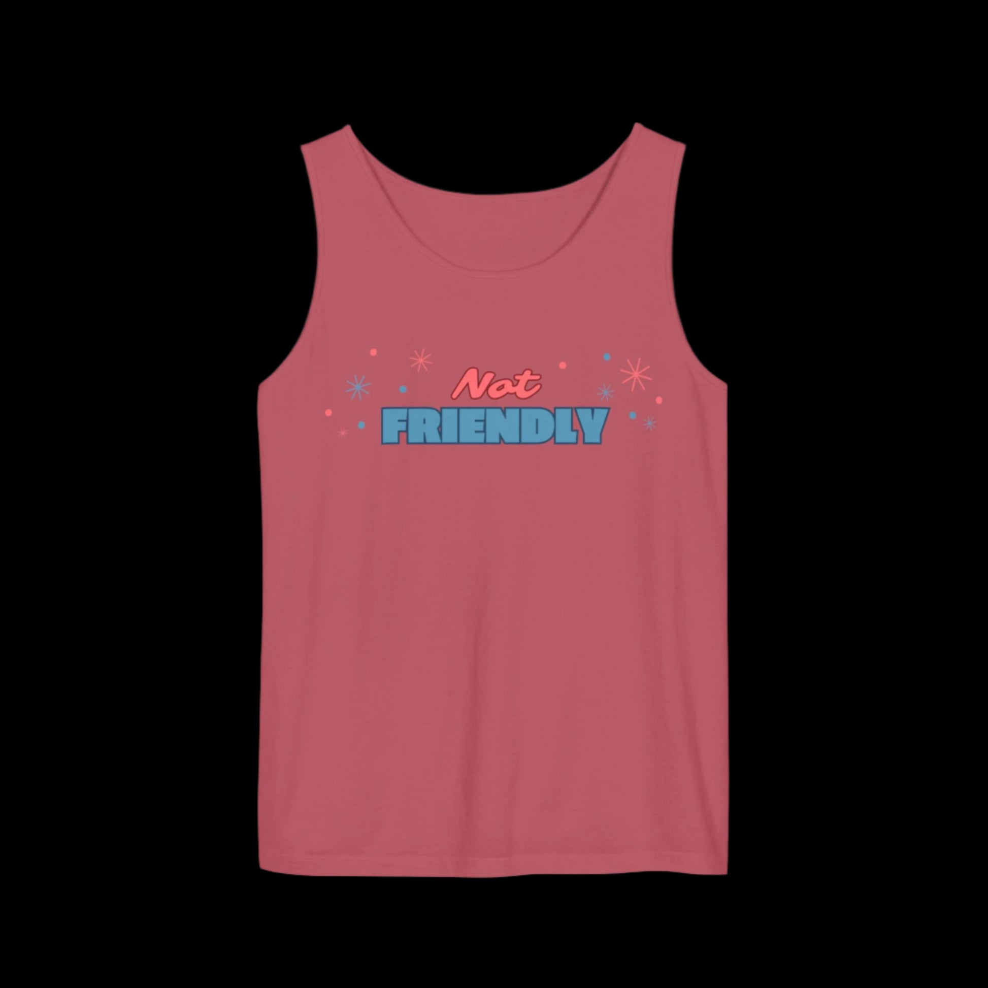 Loose fitting dark pink tank top with the words "not friendly" along with decorative sparkles