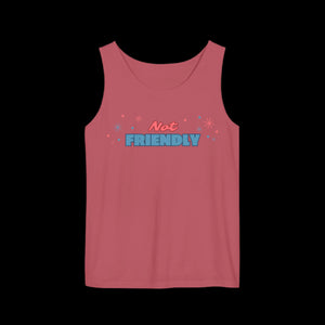Loose fitting dark pink tank top with the words "not friendly" along with decorative sparkles