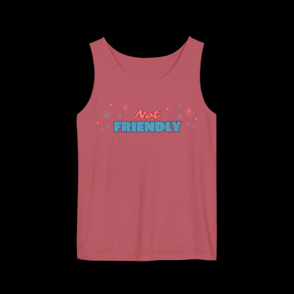 Loose fitting dark pink tank top with the words "not friendly" along with decorative sparkles