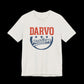 Heather cement t-shirt with 'Darvo nation' text in red and blue on a black background