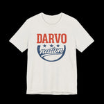 Heather cement t-shirt with 'Darvo nation' text in red and blue on a black background