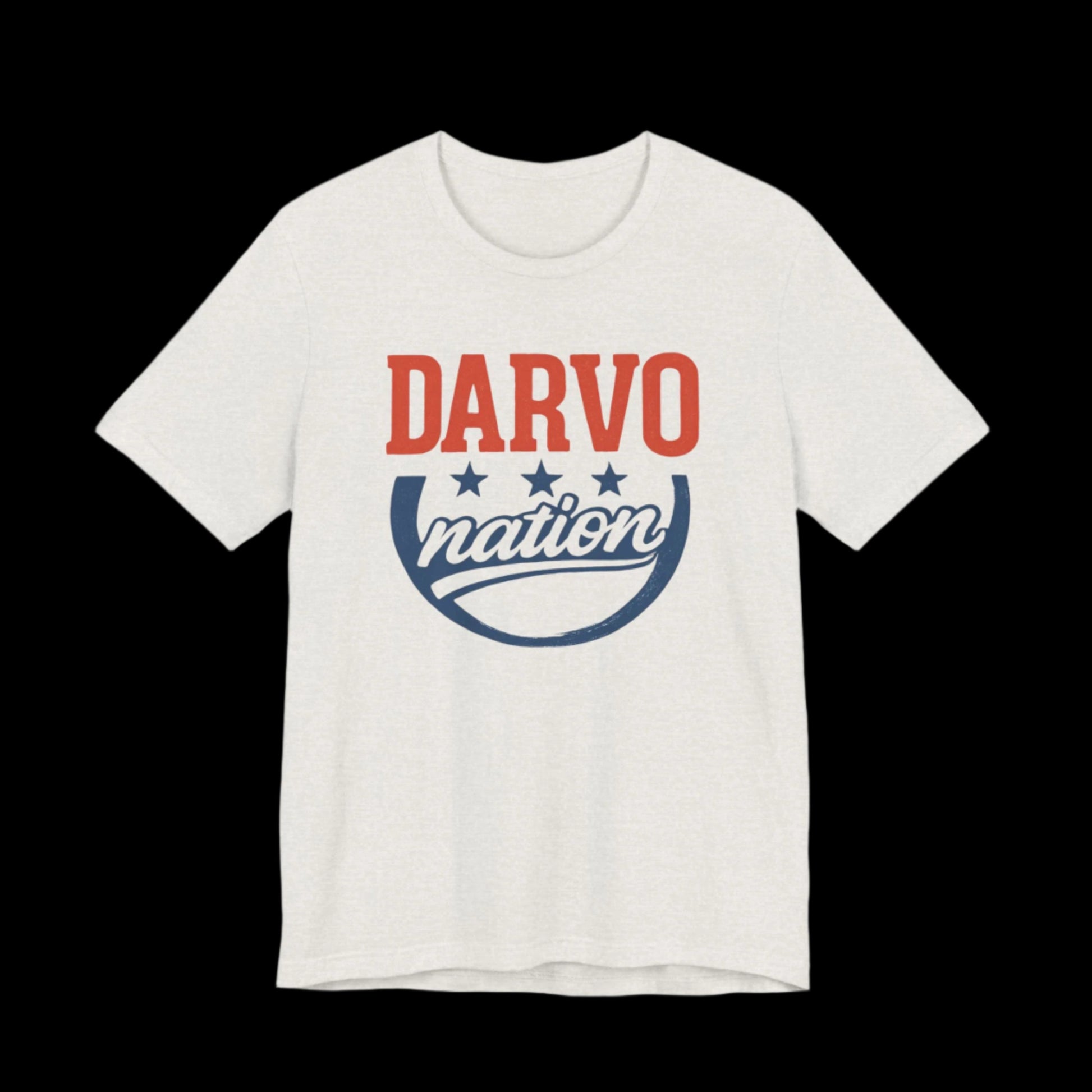Heather cement t-shirt with 'Darvo nation' text in red and blue on a black background