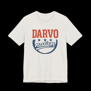 Heather cement t-shirt with 'Darvo nation' text in red and blue on a black background