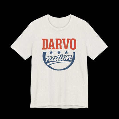 Heather cement t-shirt with 'Darvo nation' text in red and blue on a black background