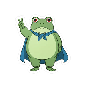 Cartoon-style vinyl sticker of the Portland protest frog with red eyes, blue cape, and downturned mouth by empowHERbyHeidi