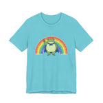 Light blue t-shirt with the Portland protest frog and Pride rainbow design by empowHER by Heidi