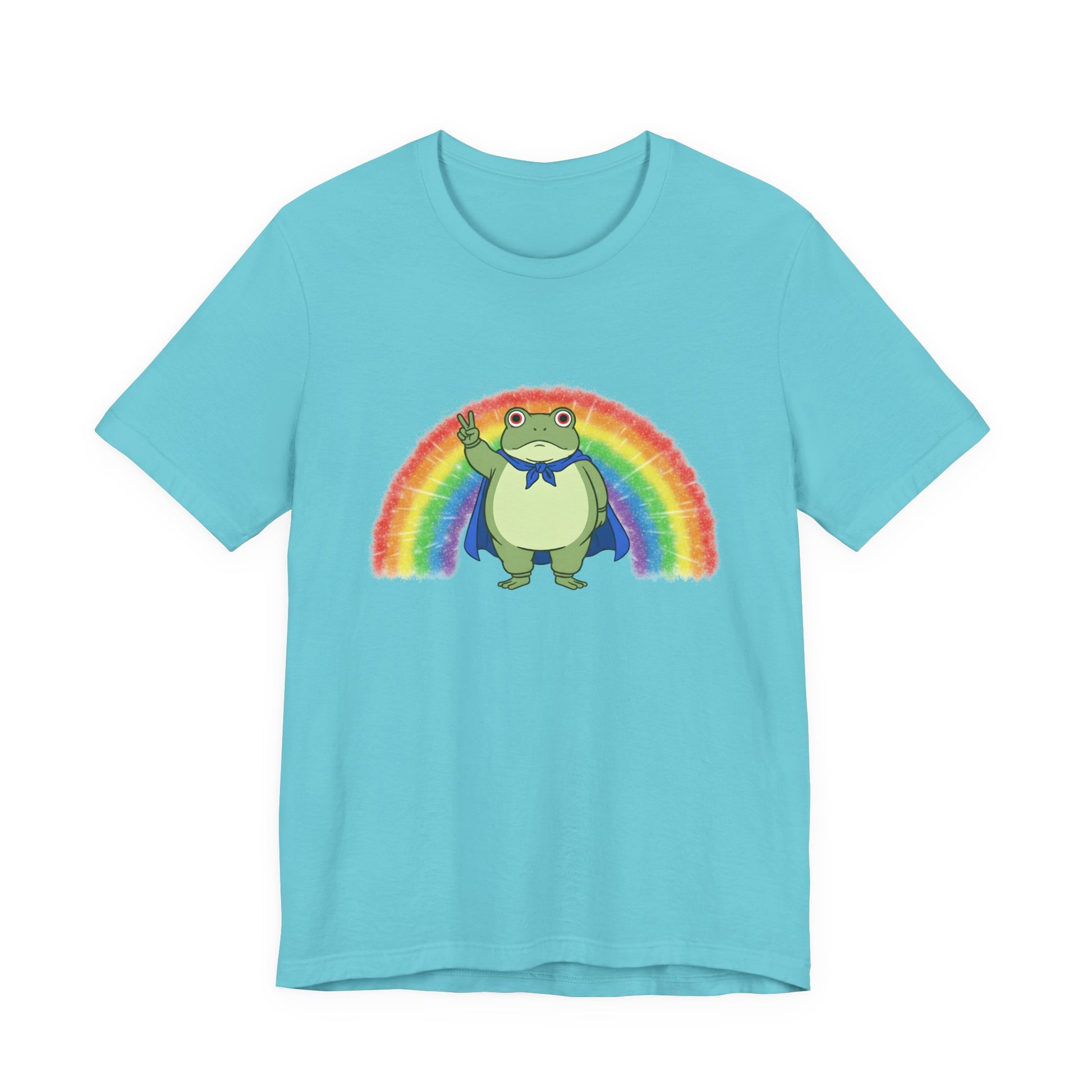 Light blue t-shirt with the Portland protest frog and Pride rainbow design by empowHER by Heidi