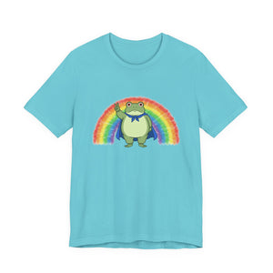 Light blue t-shirt with the Portland protest frog and Pride rainbow design by empowHER by Heidi