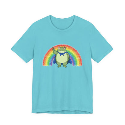 Light blue t-shirt with the Portland protest frog and Pride rainbow design by empowHER by Heidi