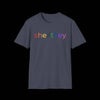 Gender Inclusive Pronouns She/They (rainbow text) T-Shirt - Heather Sport Dark Navy