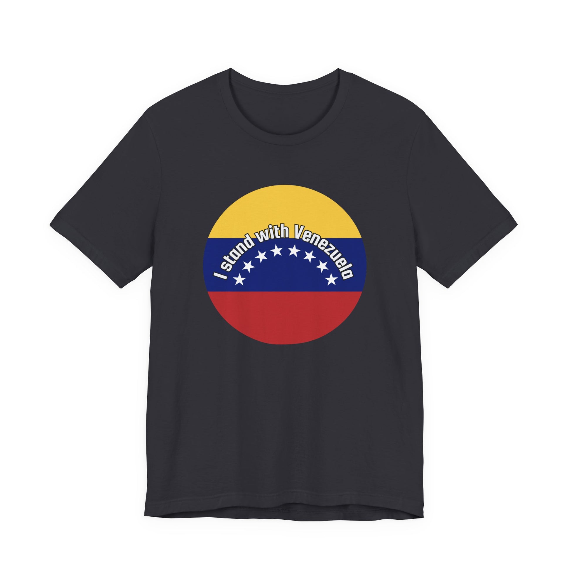 Dark gray t-shirt with a circular design featuring the Venezuelan flag and 'I stand with Venezuela' text by empowHER by Heidi