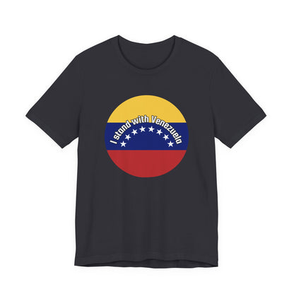 Dark gray t-shirt with a circular design featuring the Venezuelan flag and 'I stand with Venezuela' text by empowHER by Heidi