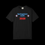Black t-shirt with 'Springsteen Swift 2028' text and stars on a black background