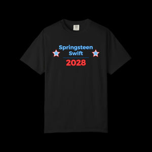 Black t-shirt with 'Springsteen Swift 2028' text and stars on a black background