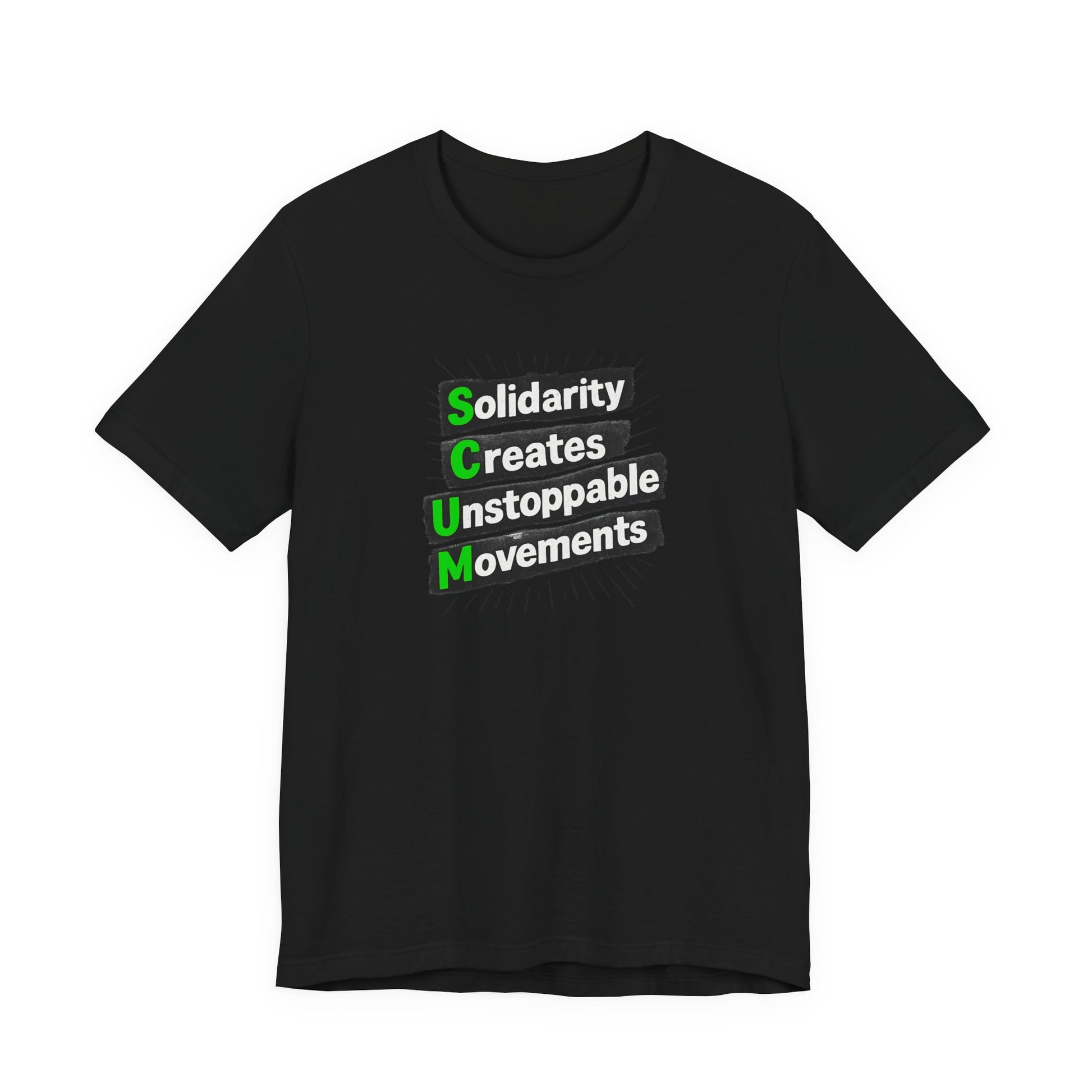 Black t-shirt with motivational quote "solidarity creates unstoppable movements" by empowHER by Heidi