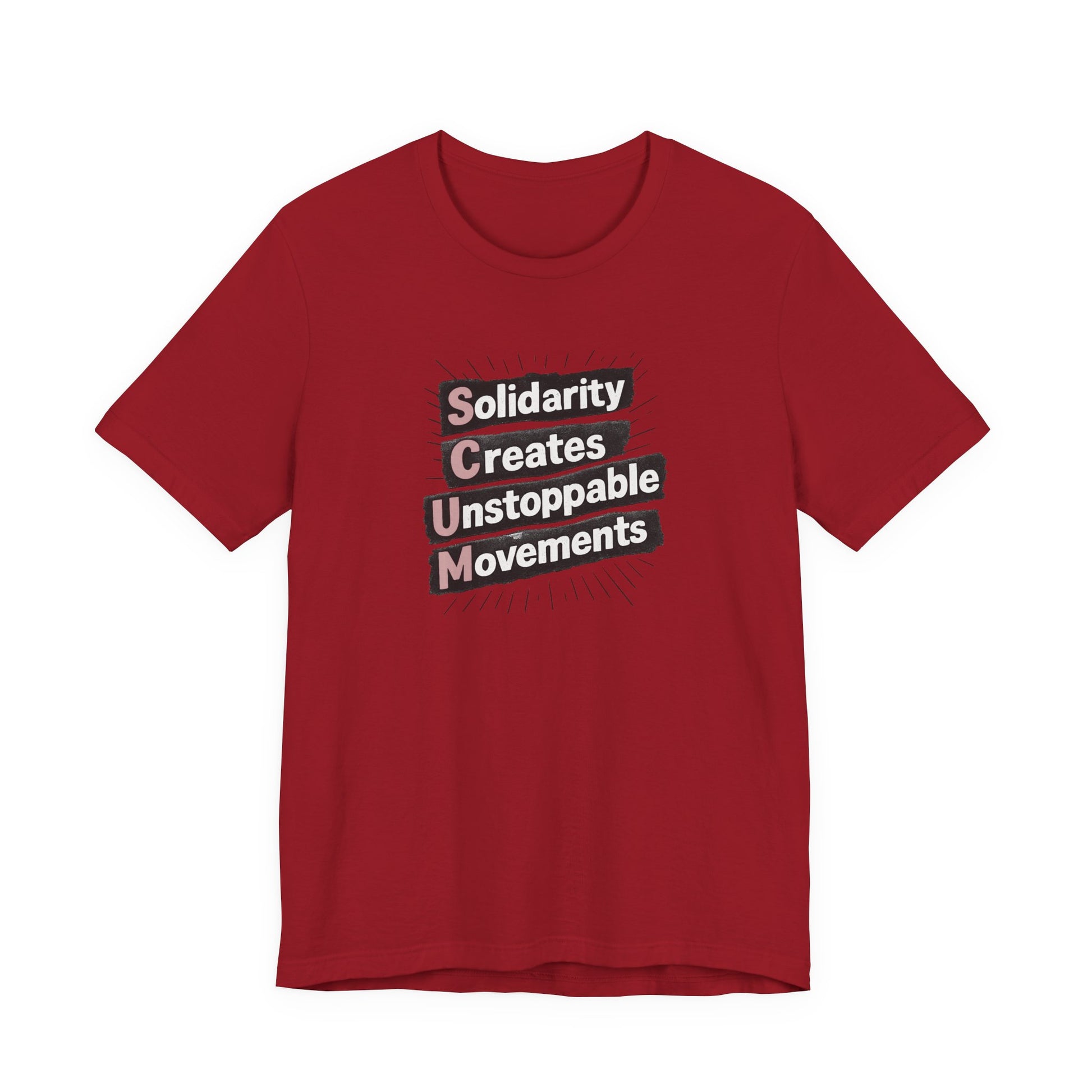 Red t-shirt with motivational quote "solidarity creates unstoppable movements" by empowHER by Heidi