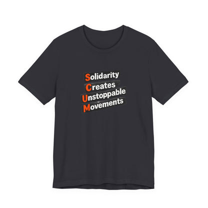 Dark gray t-shirt with motivational quote "solidarity creates unstoppable movements" by empowHER by Heidi