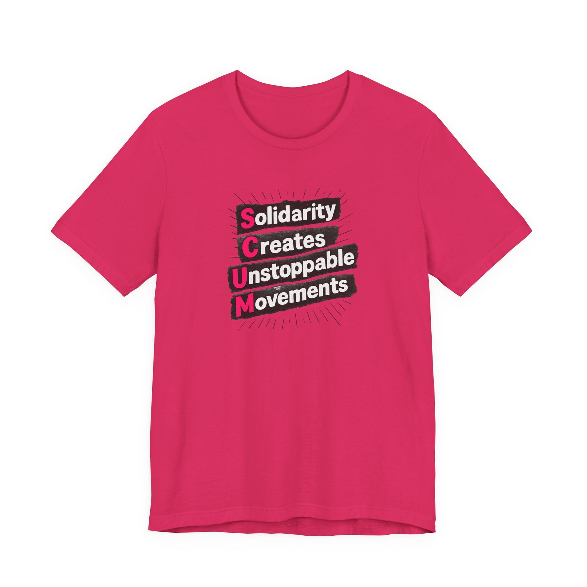 Pink t-shirt with motivational quote "solidarity creates unstoppable movements" by empowHER by Heidi