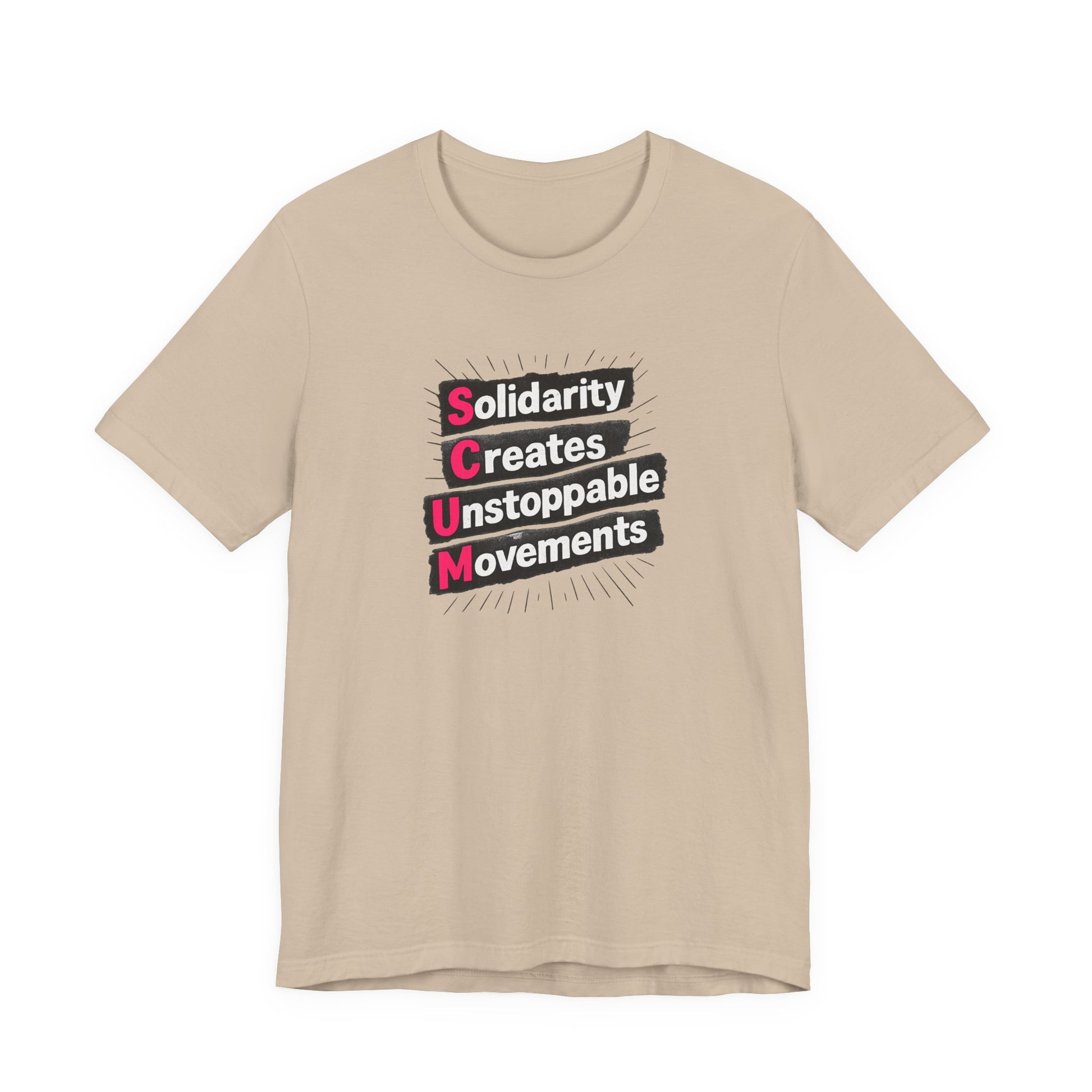 Beige t-shirt with motivational quote "solidarity creates unstoppable movements" by empowHER by Heidi