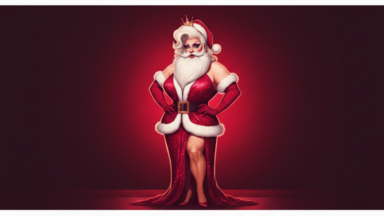 Santa Claus in drag in a glamorous red dress with a crown on a dark red background