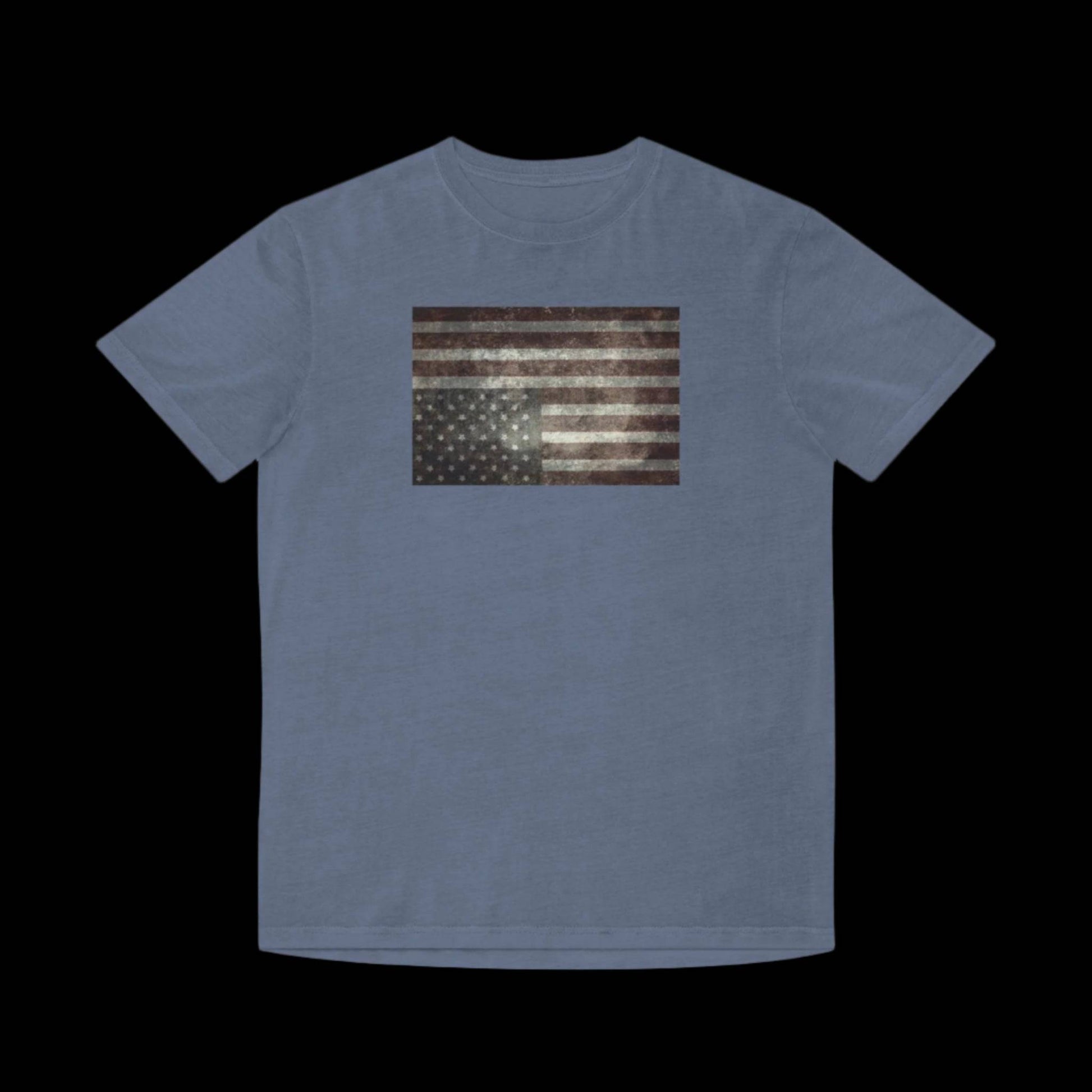 Stone blue t-shirt featuring a faded upside down american flag - upside down flags are internationally recognized symbol for a nation in distress