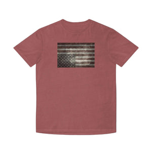 Faded red t-shirt featuring a faded upside down american flag - upside down flags are internationally recognized symbol for a nation in distress