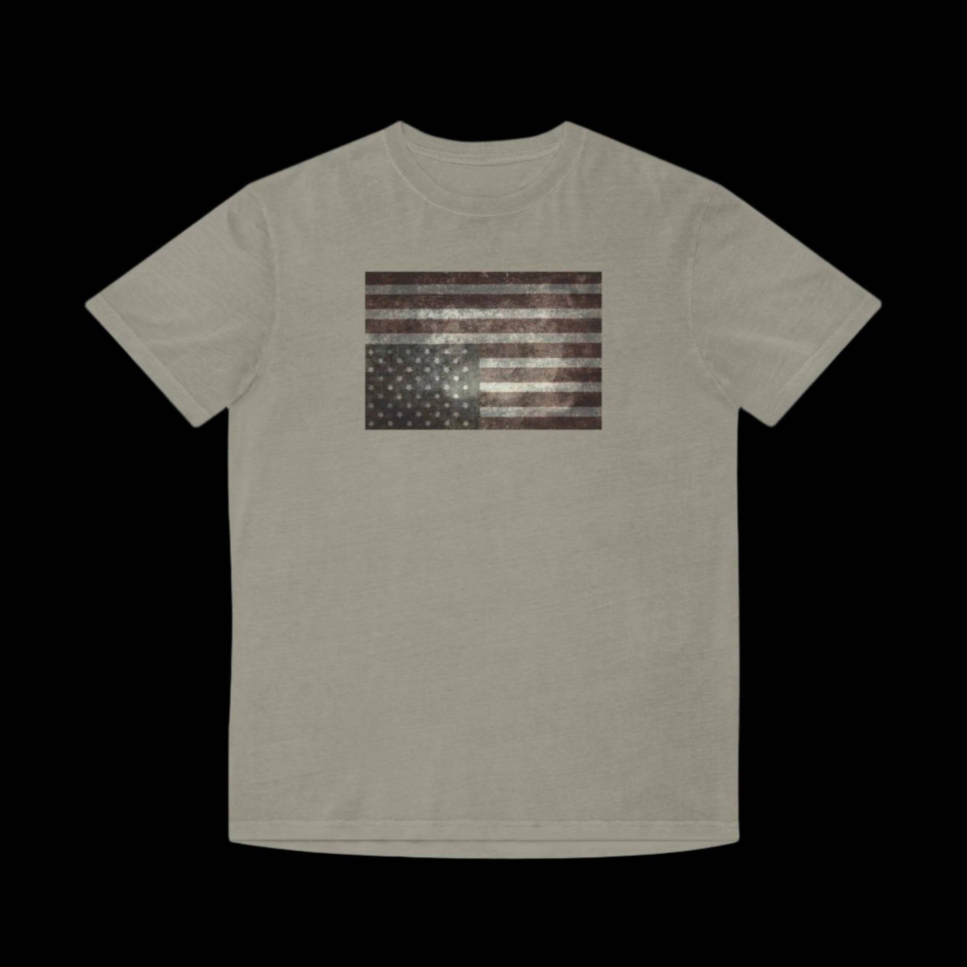 Faded army green t-shirt featuring a faded upside down american flag - upside down flags are internationally recognized symbol for a nation in distress