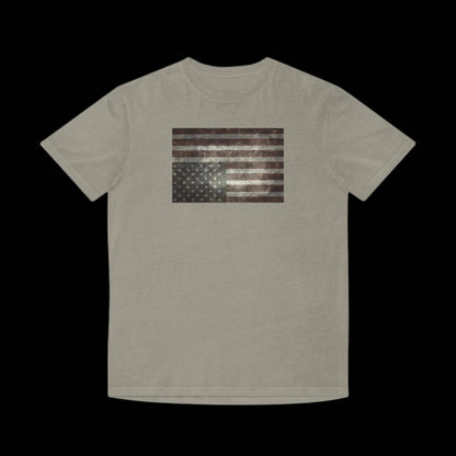 Faded army green t-shirt featuring a faded upside down american flag - upside down flags are internationally recognized symbol for a nation in distress