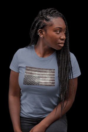 Stone blue t-shirt featuring a faded upside down american flag - upside down flags are internationally recognized symbol for a nation in distress