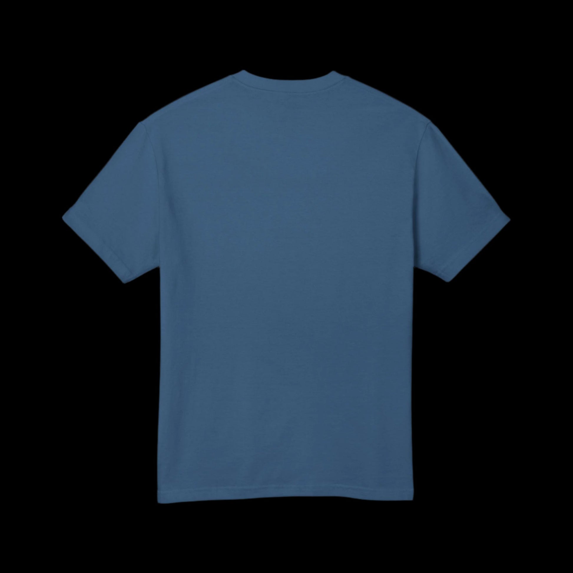 Plain back image of a Stone blue t-shirt where the front shows the words "america the beautiful" but "beautiful" is crossed out and replaced with the word "oligarchy"