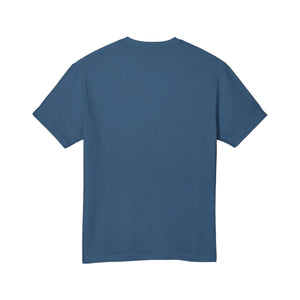 Plain back image of a Stone blue t-shirt where the front shows the words "america the beautiful" but "beautiful" is crossed out and replaced with the word "oligarchy"