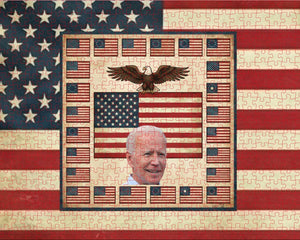Jigsaw puzzle with American flag design featuring a portrait of Joe Biden and eagle